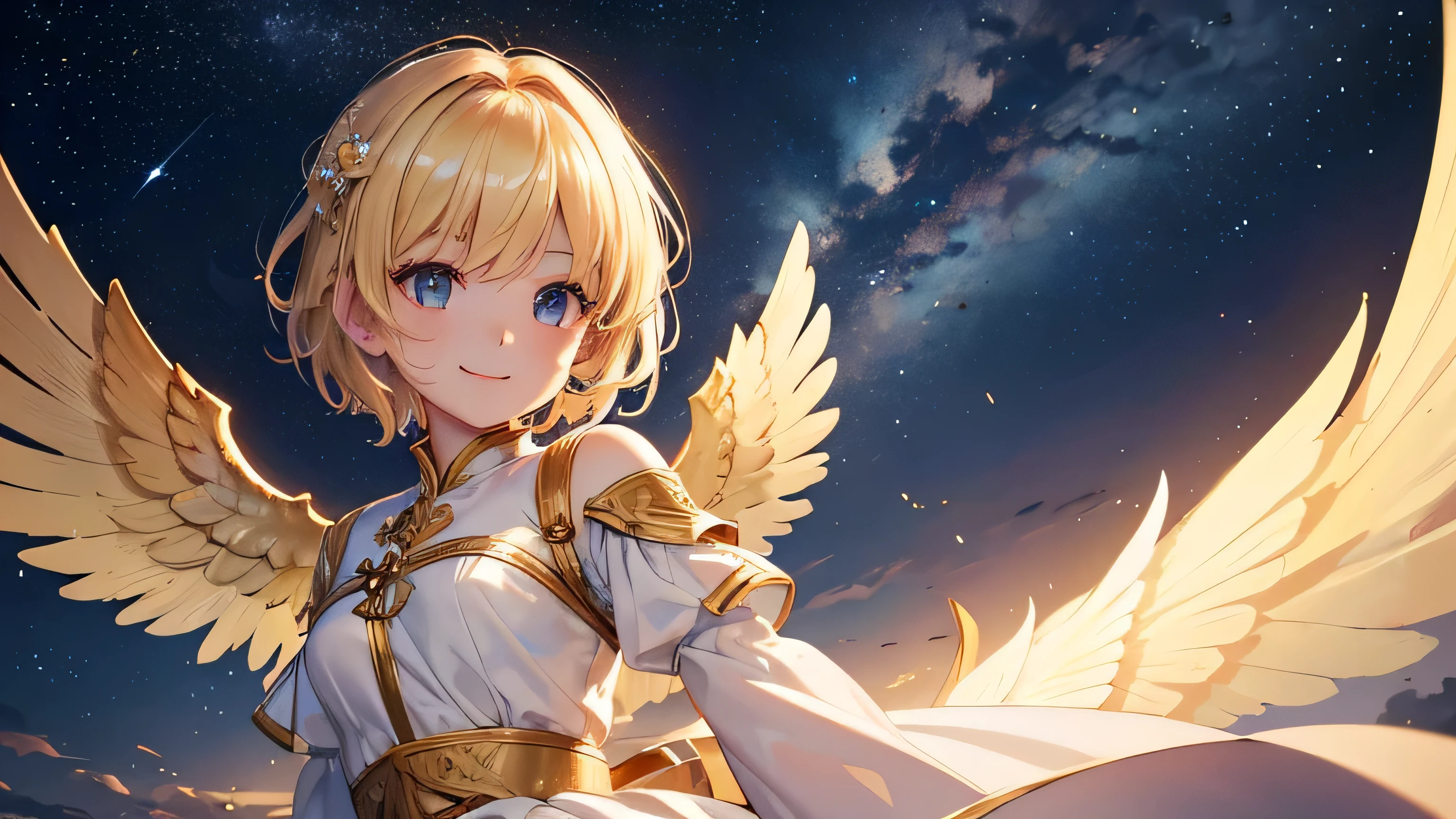 {Masterpiece、Highest quality、8K resolution、Ultra fine、Sharp focus、Depth of written boundary、Cinematic Lighting、Realistic Shadows}、A long sword wrapped in golden flames、Angel Girl、Angel Wings、Blonde、short hair、looking at the camera、White angel clothes、、Top left patch、smile、Starry Sky、hair ornaments、Above the waist