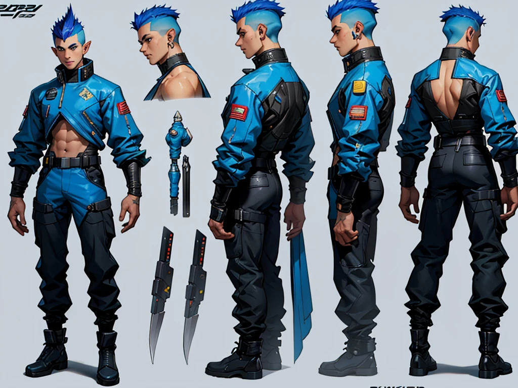 Male elf, biracial, short hair with shaved sides, wearing a cyberpunk space suit, weilding cyberpunk daggers, cgaracter concept design, ((character design sheet, front, back, side view))
