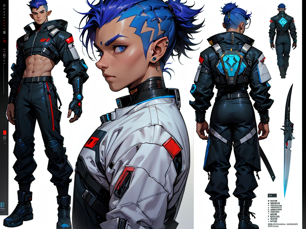 Male elf, biracial, short hair with shaved sides, wearing a cyberpunk space suit, weilding cyberpunk daggers, cgaracter concept design, ((character design sheet, front, back, side view))