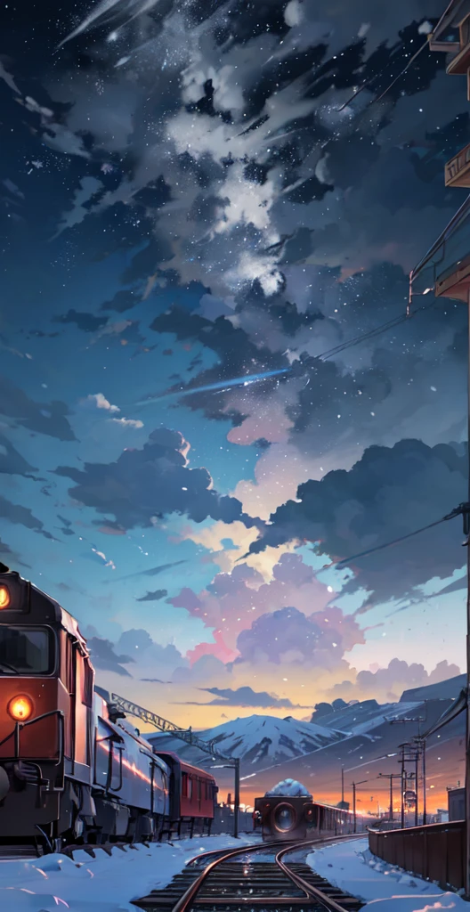 There is a train running along the tracks in the snow, Makoto Shinkai's concept art, tumblr, magic realism, beautiful anime scenes, cosmic sky. by makoto shinkai, ( ( makoto shinkai ) ), anime background art, anime backgrounds, Makoto Shinkai's style, anime movie backgrounds, galaxy express, no humans.