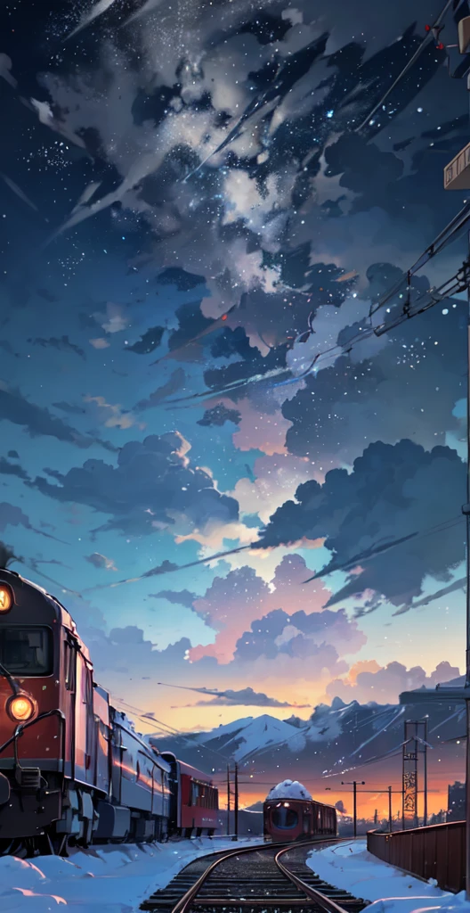 There is a train running along the tracks in the snow, Makoto Shinkai's concept art, tumblr, magic realism, beautiful anime scenes, cosmic sky. by makoto shinkai, ( ( makoto shinkai ) ), anime background art, anime backgrounds, Makoto Shinkai's style, anime movie backgrounds, galaxy express, no humans.