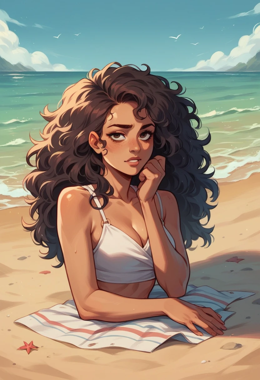 beautiful woman, fallen, latina, frizzy, on the beach