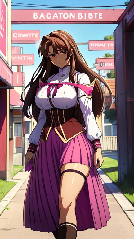 High detailed, 1 girl, cinnamon-brown hair, pink eyes, Strong expression, busty, round buson, purple sattela's clothes, pink sattela's skirt, large white highsocks, walking position