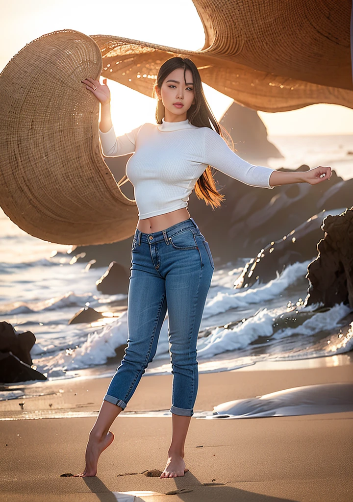 Woman in jeans on the beach，Practice yoga movements（graceful movements），Full body shooting:1.8（RAW photogr，Ultra-high resolution，8K,HD,tmasterpiece，best qualtiy），Complicated details， 20 years old Asian woman，Women wearing smoked gray cropped anxiety tight sweater（Slim fit，Fit snugly to the body）and trendy jeans with open navels，Realistic and detailed costumes，Detailed beach，A sweet smile appeared on the little face，The face is white and tender，skin lightening，Ultra-realistic facial details，Beautiful accessories，White skin and beautiful appearance，The skin is as fat as jade，The face is delicate and watery，Playful and coquettish pose，The calves are straight and slender:1.5，Wear high-end branded travel shoes:1.5，eventide，warm color，Broad lighting，naturalshadow，taking a full body photo:1.8