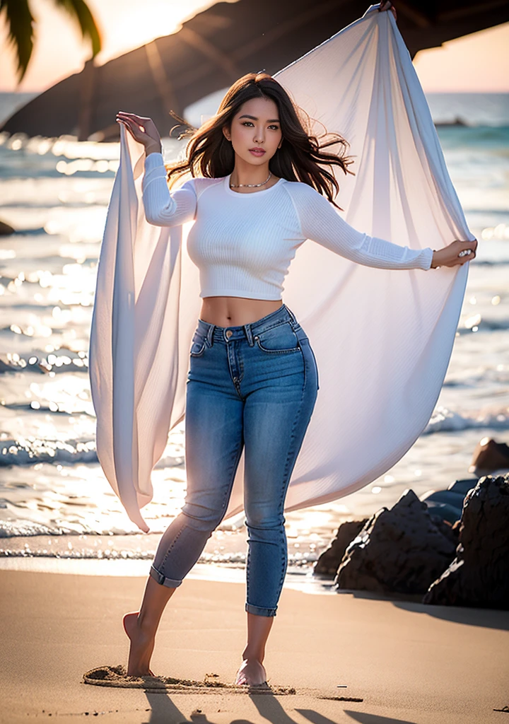 Woman in jeans on the beach，Practice yoga movements（graceful movements），Full body shooting:1.8（RAW photogr，Ultra-high resolution，8K,HD,tmasterpiece，best qualtiy），Complicated details， 20 years old Asian woman，Women wearing smoked gray cropped anxiety tight sweater（Slim fit，Fit snugly to the body）and trendy jeans with open navels，Realistic and detailed costumes，Detailed beach，A sweet smile appeared on the little face，The face is white and tender，skin lightening，Ultra-realistic facial details，Beautiful accessories，White skin and beautiful appearance，The skin is as fat as jade，The face is delicate and watery，Playful and coquettish pose，The calves are straight and slender:1.5，Wear high-end branded travel shoes:1.5，eventide，warm color，Broad lighting，naturalshadow，taking a full body photo:1.8