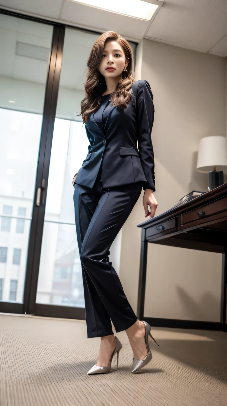 do, Highest quality:1.2), (Realistic,photo-Realistic:1.4), RAW Photos, High resolution, Very detailed, Intricate details, Cinema Lighting, (Front view, View from below:1.3), ２０Old Japanese woman, Standing in office room, (whole body,High heels:1.5), Large Breasts, (High-quality fabric, Office Lady Suit Pants Style:1.2), Fine grain, Detailed face, Fine skin, indoor, Photo Background,
