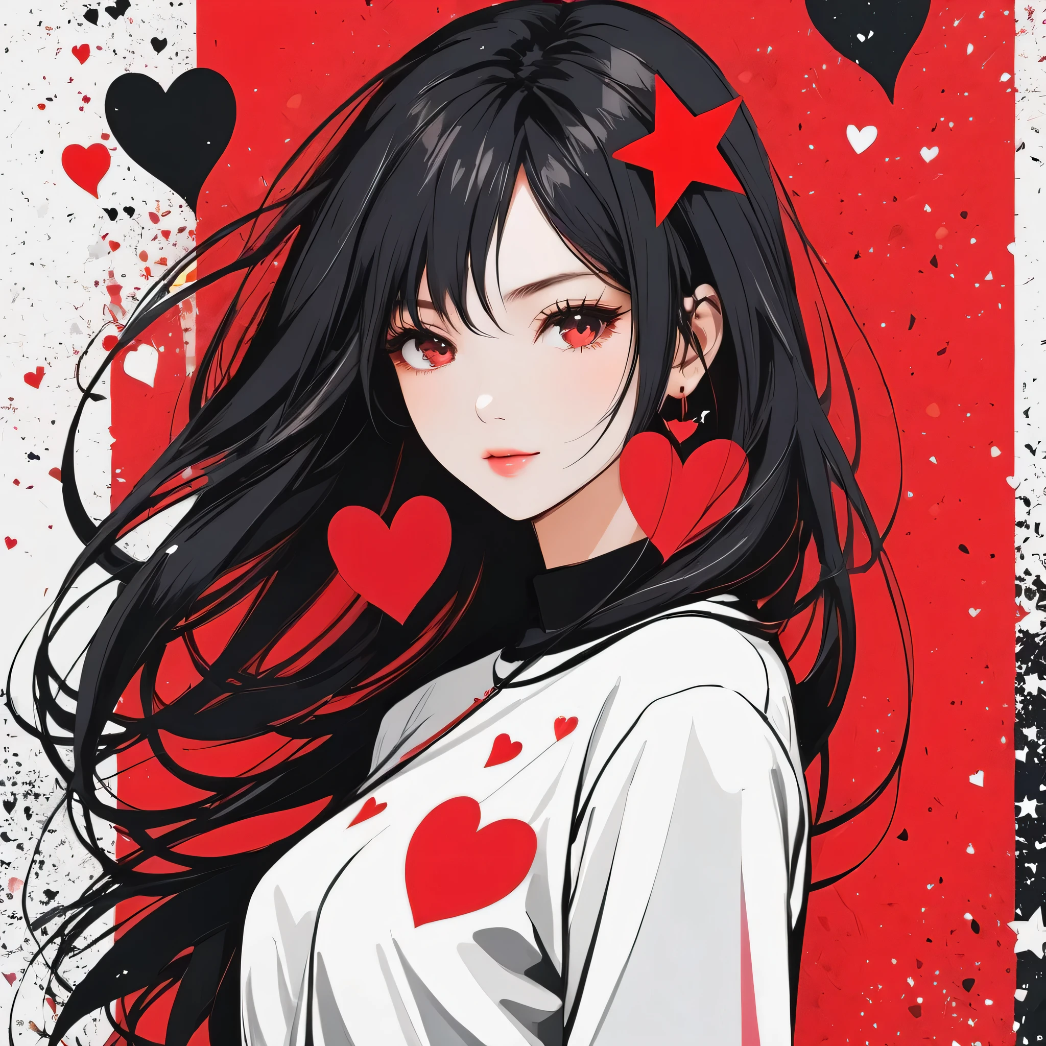 Black Star Red and White style, Simple Line Initialism,Abstract art,Urban Background, colorful hearts ,(((The most beautiful girl of all time))),