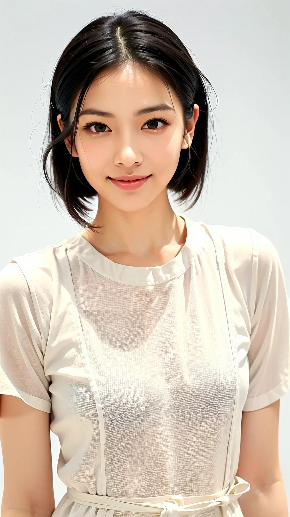 (1 woman:1.5)、(Wide forehead、Very short hair、Very small amount of hair、Forehead、Wolf Hair:1.1)、A happy expression with a slight tan、A soft smile、(Ceramic-like dress),((Very sleepy、Improves skin texture, A big smile、Narrow eyes、Very weak eyesight、Very weak eyeliner、I know the shape of your head、Oval Face))、(slicked back hair:1.25)、Photographic, Raw photo, Mastepiece, Highly detailed photos, Digital SLR, Photo-realistic 1.4, Super hello nothing, Best Quality,(standing、tilting your head、whole body:1.5)
