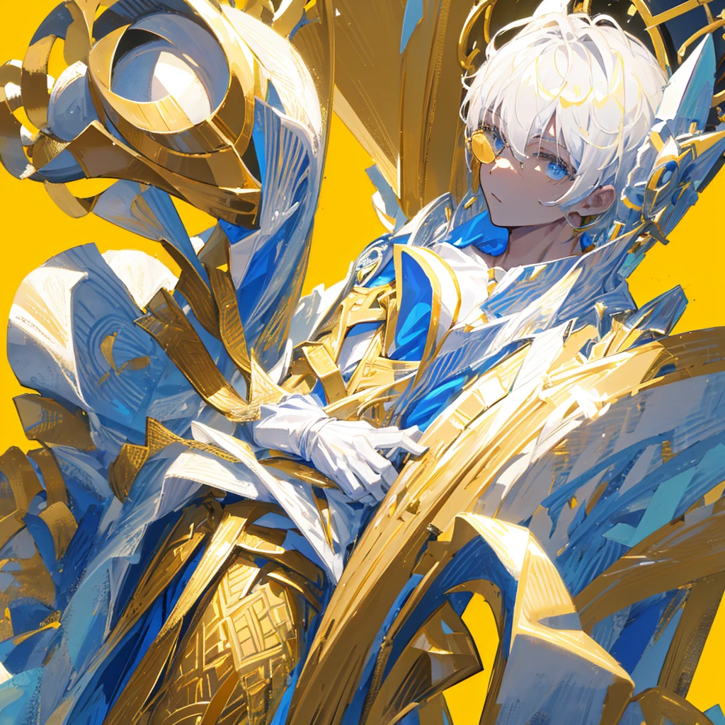 A male god,short hair,Gold and white shades,((Pure yellow background))