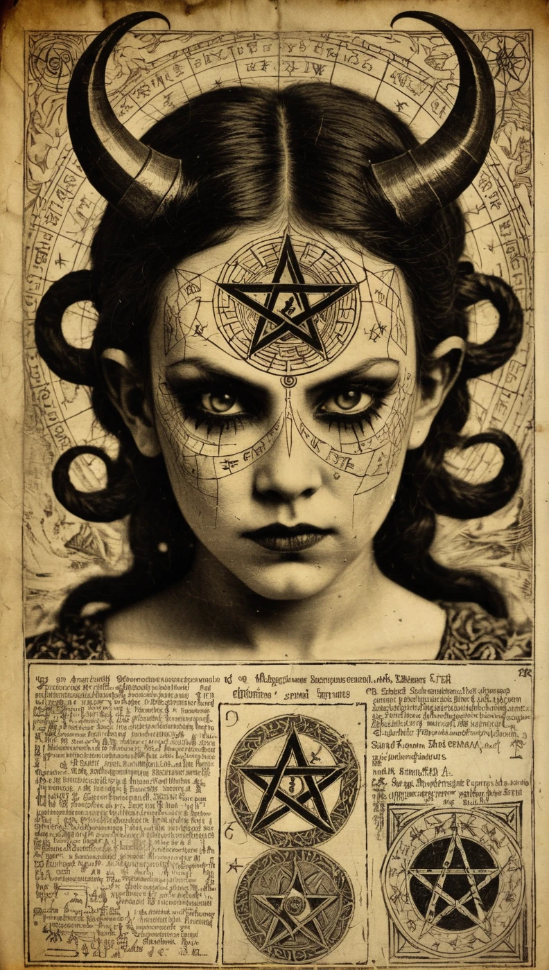 ancient parchment with engraving, woodcut, portraying a demon-head girl, pentagrams, technical markings and medical description with graphics, text with strange characters, mystic a photo from the 1920s sepia . textured, anguished, vintage, Jumpy, punk vibe, grimy, noisy