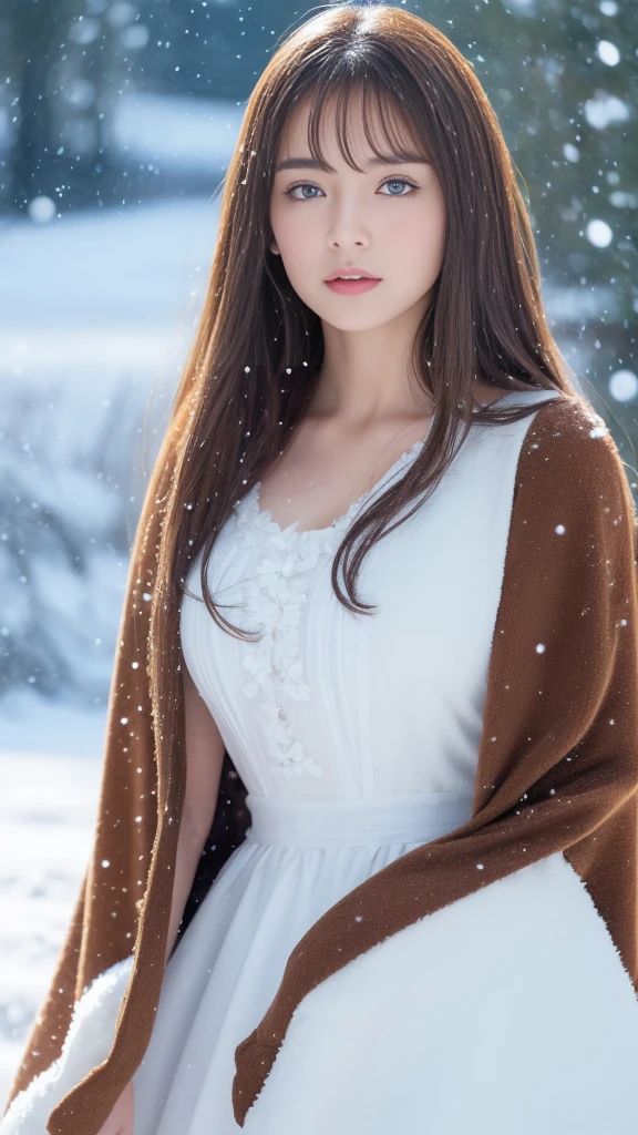 (highest quality, 8k, 32K,details are very clear),Realistic, High resolution, 1 Japanese Women, alone, (ta Costume),Gorgeous costumes,Facing the audience,(Upper Body,Upper limbs), Beautiful Eyes, brown hair, Ring-shaped eyes, (outside,Heavy snowfall,thick fur cape,Cover with snow),Snowfield,blue eyes,highest qualityのイラスト,Detailed facial features