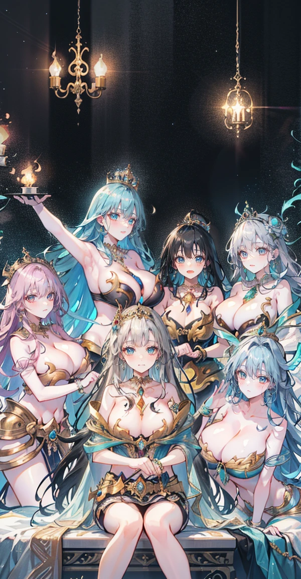 Group of 5 princesses,(6 young women,many young women), (in the bedroom), Various hair styles, harem,(shiny armor, Beautiful crowns and jewelry,crystal filigree jewelry), at night, detailed face, big breasts,Breast curtain, long skirt, mule, Sleeveless , Show your armpits, at night, starry at night,(large areolae:1.4,pink,The nipples are clearly visible....),(Various poses),(no bra), Highest quality、Highest picture quality、Masterpiece