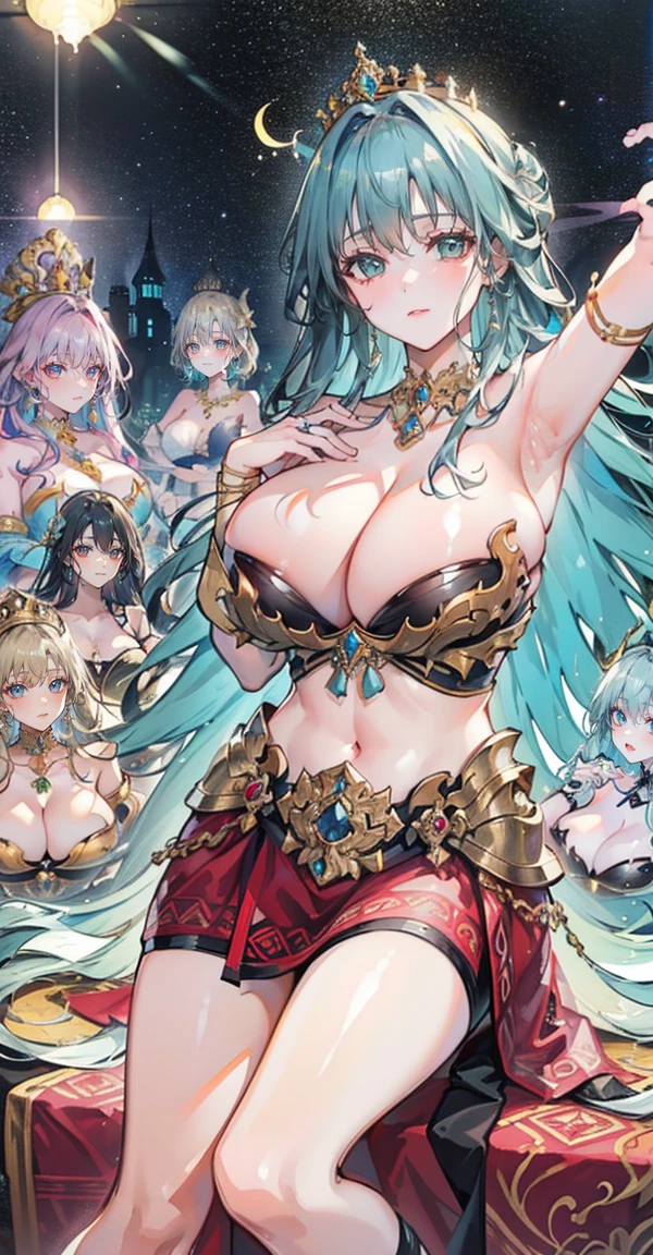 Group of 5 princesses,(6 young women,many young women), (in the bedroom), Various hair styles, harem,(shiny armor, Beautiful crowns and jewelry,crystal filigree jewelry), at night, detailed face, big breasts,Breast curtain, long skirt, mule, Sleeveless , Show your armpits, at night, starry at night,(large areolae:1.4,pink,The nipples are clearly visible....),(Various poses),(no bra), Highest quality、Highest picture quality、Masterpiece