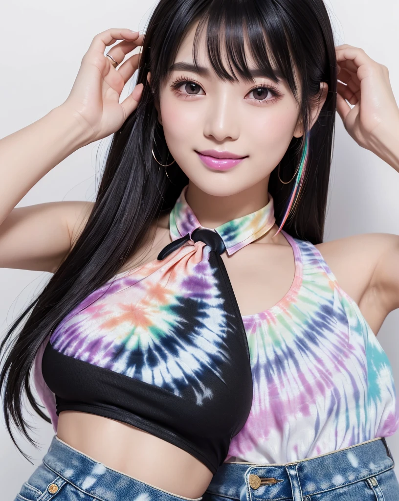 (Highest quality, 32k, High resolution, Masterpiece:1.5), marimo_jet, magnificent々A photograph with brilliant dazzling and healing power., Evoking a sense of calm and elusive beauty, Expressing emotions, Have a rich imagination, Beautiful Japanese Girls, An exceptionally beautiful face, Small Face Beauty, ((whole body:1.2)), Perfect Human Anatomy, Magical big eyes, Motherhood and generosity, Deep Love, fleeting smile, ((Shiny black hair:1.4)), Intricately messy super long straight silk hair, Asymmetrical bangs, Hair between the eyes, Transparent, soft white skin, Sharp eyebrows, Thin lashes, Natural Makeup, Cheek highlighter, Pale pink detailed lips, ((Pastel rainbow tie-dye tank top:1.3)), ((Denim shorts:1.２)), High resolutionの完璧な鎖骨, High resolutionの美しい胸元, Slim figure with ample breasts, High resolutionの美しい太もも, ((Tie-dye rainbow on a white background:1.2)), Professional Lighting, Professional photographer, Professional models, mysterious