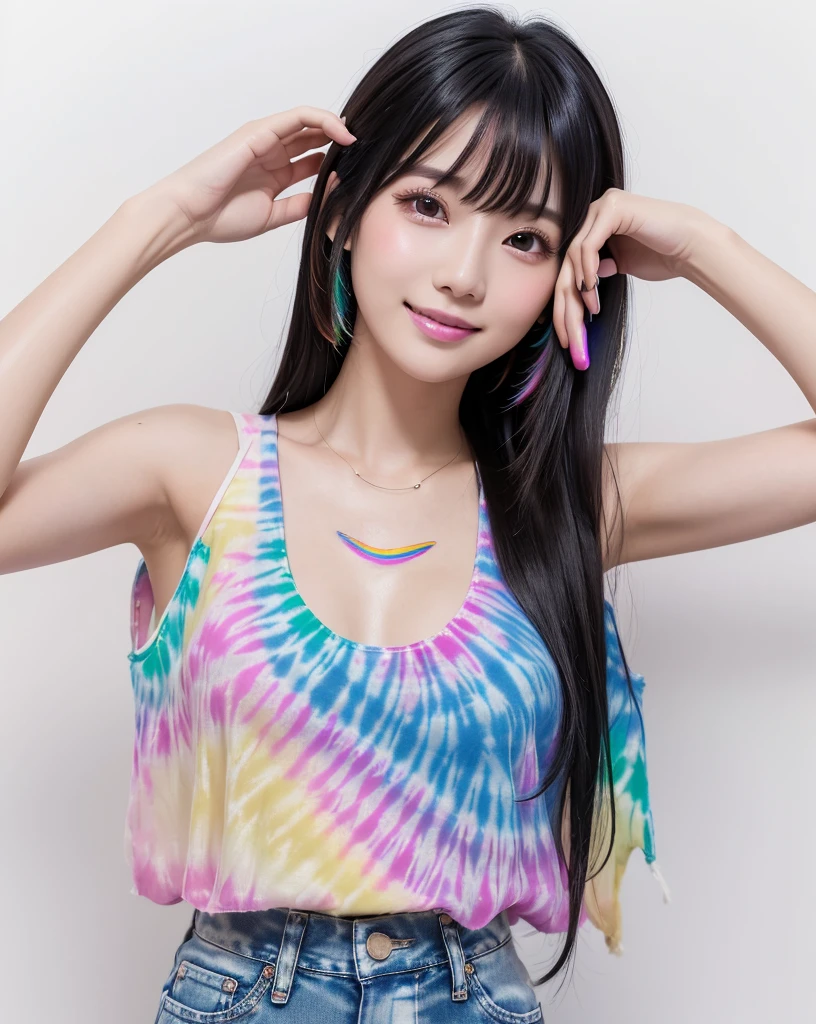 (Highest quality, 32k, High resolution, Masterpiece:1.5), marimo_jet, magnificent々A photograph with brilliant dazzling and healing power., Evoking a sense of calm and elusive beauty, Expressing emotions, Have a rich imagination, Beautiful Japanese Girls, An exceptionally beautiful face, Small Face Beauty, ((whole body:1.2)), Perfect Human Anatomy, Magical big eyes, Motherhood and generosity, Deep Love, fleeting smile, ((Shiny black hair:1.4)), Intricately messy super long straight silk hair, Asymmetrical bangs, Hair between the eyes, Transparent, soft white skin, Sharp eyebrows, Thin lashes, Natural Makeup, Cheek highlighter, Pale pink detailed lips, ((Pastel rainbow tie-dye tank top:1.3)), ((Denim shorts:1.2)), High resolutionの完璧な鎖骨, High resolutionの美しい胸元, Slim figure with ample breasts, High resolutionの美しい太もも, ((Tie-dye rainbow on a white background:1.2)), Professional Lighting, Professional photographer, Professional models, mysterious