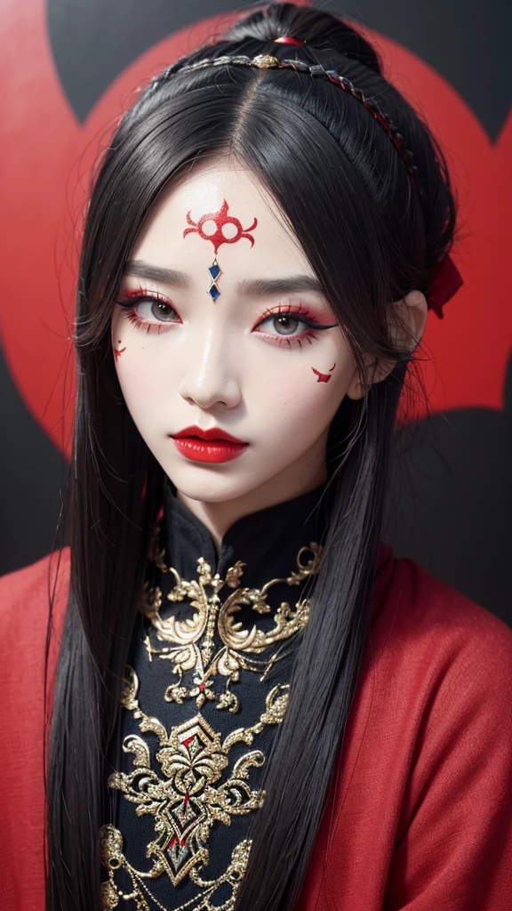 (masterpiece\_portrait, distinct, distinct\_image, highres, high\_resolution, high\_quality, high\_quality\_anime, super\_detail, hyper\_detail, ultra high definition, Super facial detail, face art, 알굴 make-up, pale face, red lips, forehead make-up, 눈 make-up, intricate pattern on face, 8k, 1\_person, face enlargement, Chinese makeup, Japanese anime makeover, exquisite make-up, art, art, painting on face, face art, Demon Slayer's Blade, Akaza, fixing your, Real people, realistic,