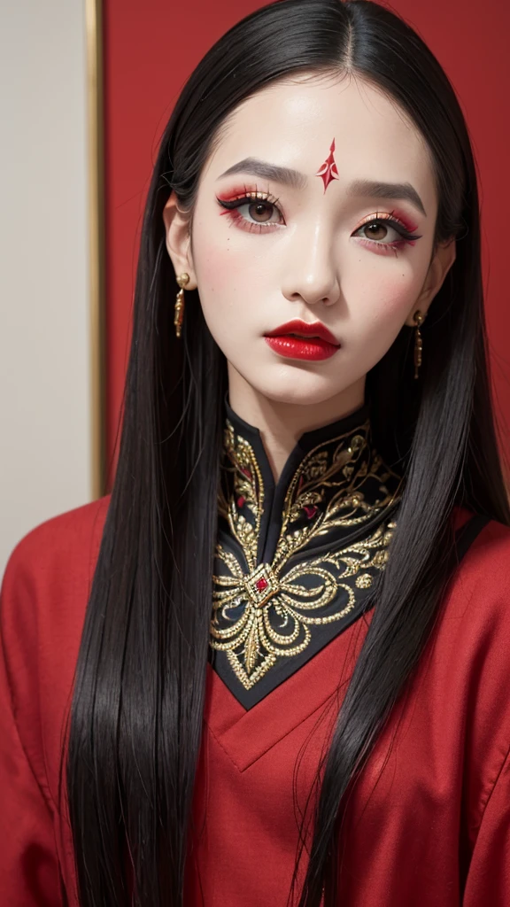 (masterpiece\_portrait, distinct, distinct\_image, highres, high\_resolution, high\_quality, high\_quality\_anime, super\_detail, hyper\_detail, ultra high definition, Super facial detail, face art, 알굴 make-up, pale face, red lips, forehead make-up, 눈 make-up, intricate pattern on face, 8k, 1\_person, face enlargement, Chinese makeup, Japanese anime makeover, exquisite make-up, art, art, painting on face, face art, Demon Slayer's Blade, Akaza, fixing your, Real people, realistic,