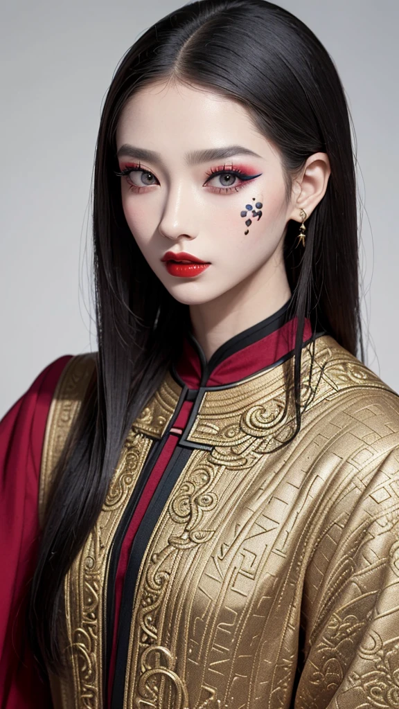(masterpiece\_portrait, distinct, distinct\_image, highres, high\_resolution, high\_quality, high\_quality\_anime, super\_detail, hyper\_detail, ultra high definition, Super facial detail, face art, 알굴 make-up, pale face, red lips, forehead make-up, 눈 make-up, intricate pattern on face, 8k, 1\_person, face enlargement, Chinese makeup, Japanese anime makeover, exquisite make-up, art, art, painting on face, face art, Demon Slayer's Blade, Akaza, fixing your, Real people, realistic,