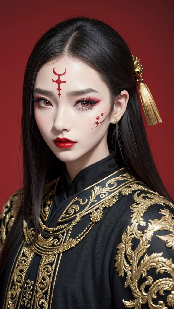 Digital board painting，Flat coating，Thick coating，Dark illustration，(((1 Prince，独奏，third eye on the forehead，Dark eyeshadow.Elf ears))),(((Japanese robe kimono：1.6))).solemn，majesty，momentum，whole body，black and gold，red