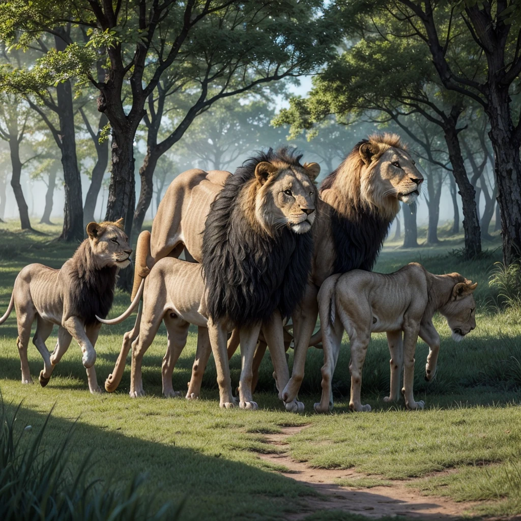 "Create a photorealistic UHD 32K image that depicts an adult male lion surrounded by five cubs playing in a lush forest. The scene should be set during the 'magic hour' of the day, with a lush sun on the horizon, emitting radiant colors that illuminate the landscape. The background should include birds flying happily, adding a touch of life and dynamism.
The image must follow the rule of thirds and the golden ratio for a balanced and harmonious composition. Use a white balance with the color #f8f8ff to keep the lighting natural and vibrant. Adopt a hyper maximalist and elegant style, with a dynamic pose of the lions, capturing the movement and interaction between them. Photography must have a volumetric approach, with depth and highlighting of details.
Incorporate vantablack #000100 to accentuate shadows and create a sophisticated contrast, highlighting the majesty of the adult lion and the vivacity of the cubs. Make sure the image has a sense of grandeur and majesty, reflecting a father's love and protection for his children.
Add the words 'Família Silva' in an elegant and integrated way into the image, preferably in the lower right corner, with a sophisticated font that complements the overall style of the image."