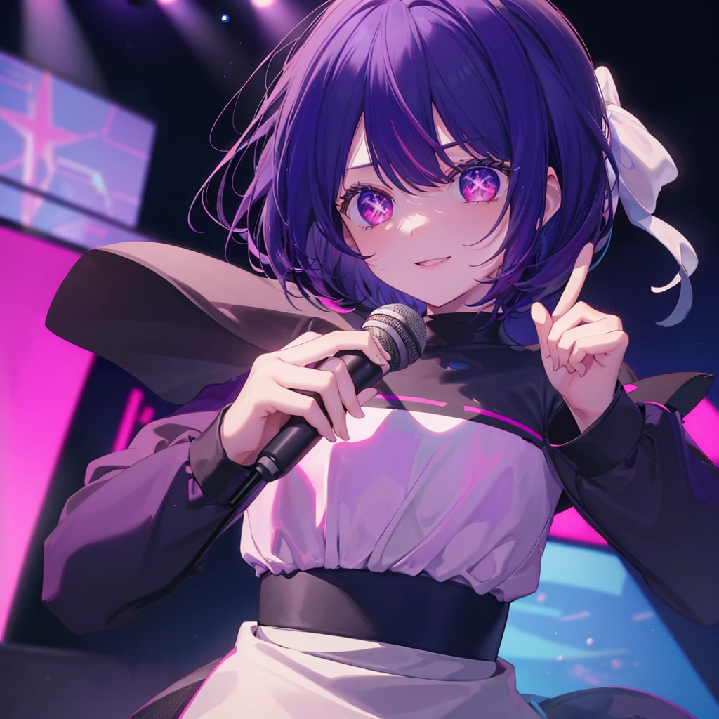 (((Hoshino Ai))) (((1 person Purple Hair dress singer Pink Eyes There is a microphone stand in front of me.))) ((High resolution short hair Also々funny Face)) ((close)) ((Sing a song on stage)) (smile Star Iris) Shining Background Shining Edges