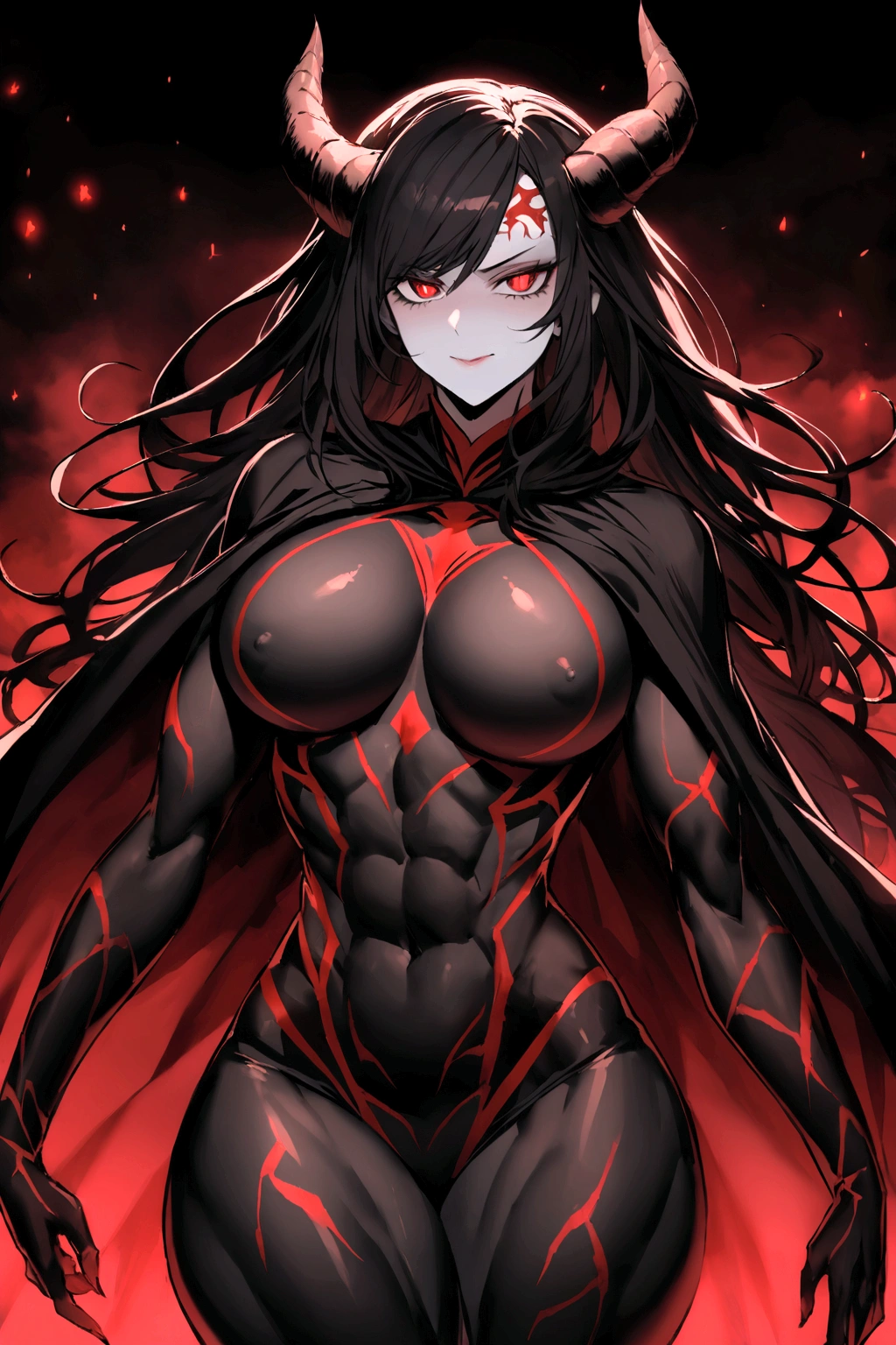 I want you to create the image of a woman, she has long dark hair and two dark horns on her forehead, red eyes and dark pupils, its entire body is covered in darkness with small red details, she has a toned physique with voluminous thighs and large pecs, Your whole body is covered in darkness, except your pale face, She is strong and slender, an intense aura and a dark cape on her back that appears to be e of stars inside she has 4 horns that are now dark and with small red strand has a manic face and an intense, dark and red aura