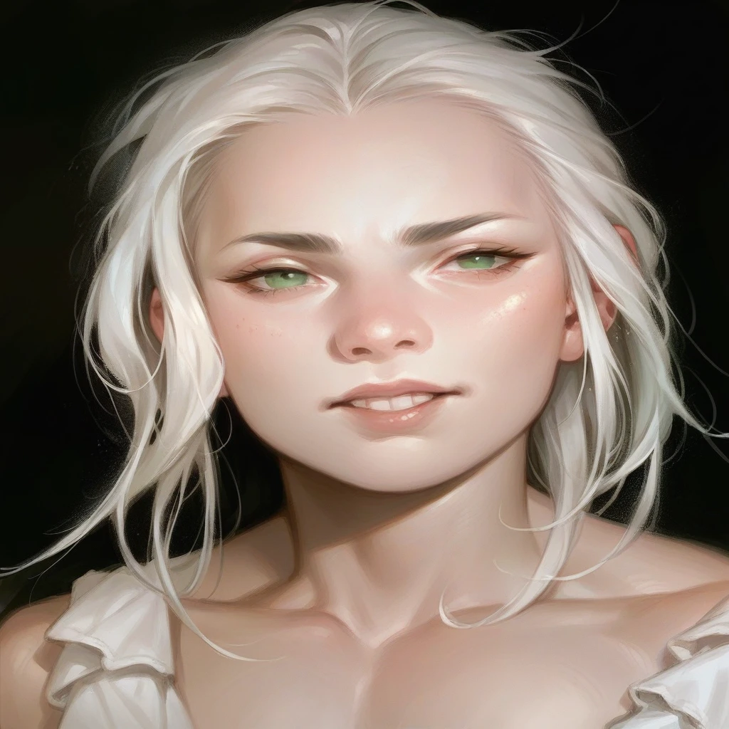 long hair - bang - white skin - green eyes - white hair
