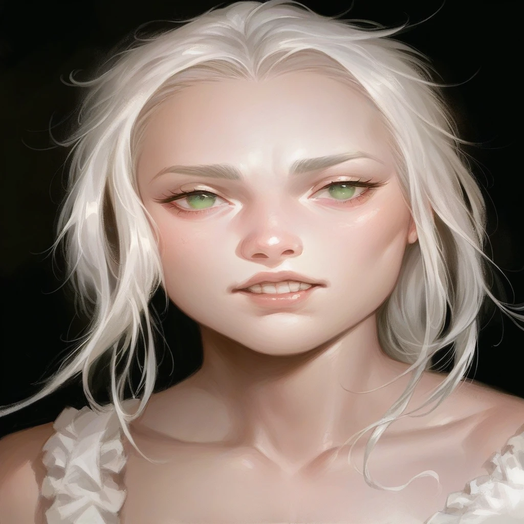 long hair - bang - white skin - green eyes - white hair