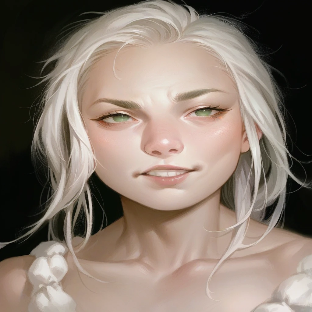 long hair - bang - white skin - green eyes - white hair