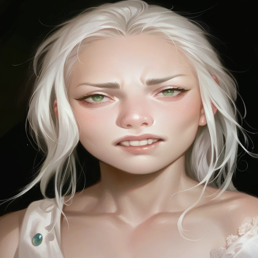 long hair - bang - white skin - green eyes - white hair