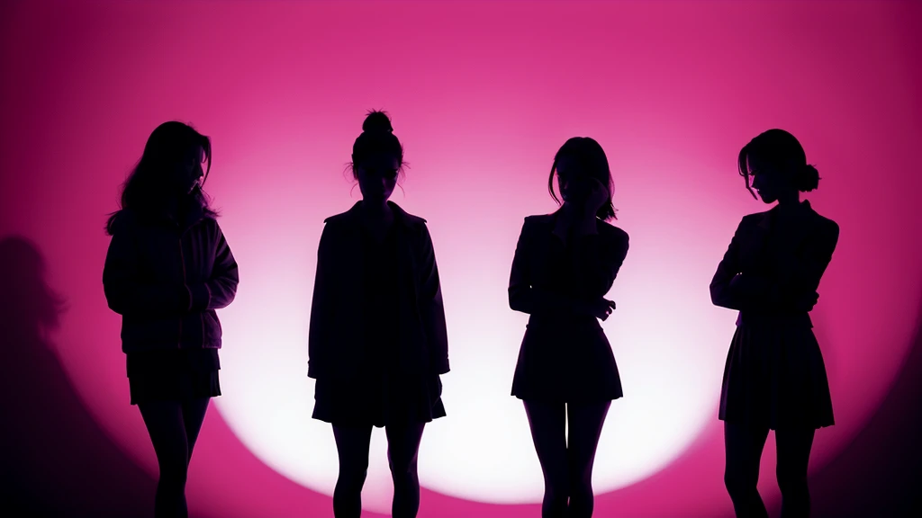 three girl silhouette's standing, (line contour), dark pink background, ((high contrast)), facing viewer, cute
