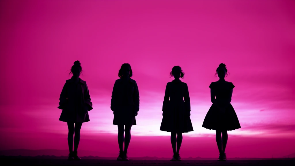 three girl silhouette's standing, (line contour), dark pink background, ((high contrast)), facing viewer, cute