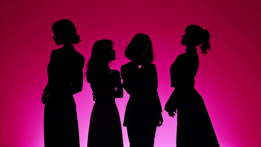 three girl silhouette's standing, (line contour), dark pink background, ((high contrast)), facing viewer, cute
