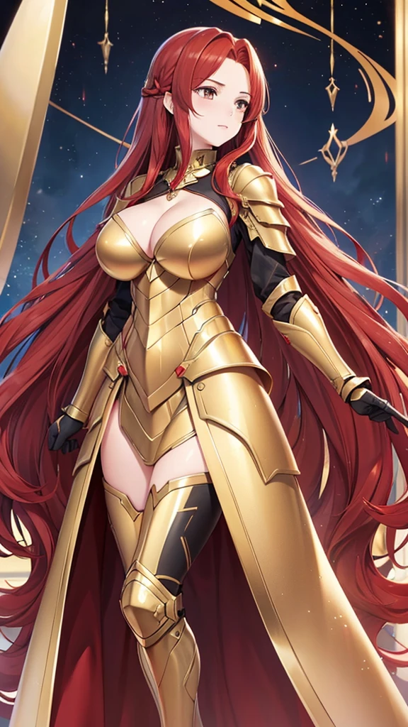 woman, long hair,, Golden Armor, Sagittarius Armor, very long hair, (long hair), long hair, (((Red hair))), (((Red hair))), Detailed images, Super definition, 16K, looking at camera, wing, Golden armor, helmet, Sagittarius Armor，Huge breasts，cleavage