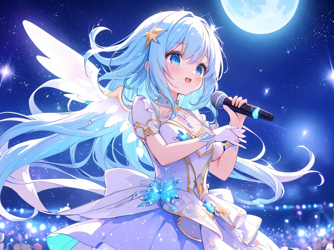 ((masterpiece)), ((best quality)), (ultra-detailed), ((kawaii)), cute, (lovely), illustration, anime style, galaxy, stars, stage, concert, night sky, ethereal, magical, celestial, twinkling lights, sparkling, music notes, beautiful girl, idol, microphone, futuristic, long flowing hair, vibrant colors, dazzling, fantasy, dreamlike, starry background, performing, energy, enchanting, moon, shooting stars, glowing, wings, neon lights, anime, surreal, whimsical, stardust, ethereal atmosphere, elegant dress, luminescent, floating, heavenly, otherworldly, soft glow, enchanting scene.