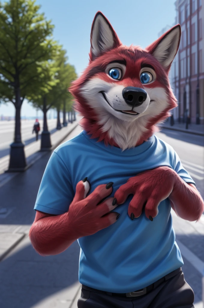 Ivan Wolfbach (Moscow),high,Beautiful,slim,24 years,wolf, red fur,high Beautiful wolf, 24 years,(red body:1.3),beautiful blue eyes,Moscow россия, t-shirt, trousers,sandals,canine, wolf, detailed fur, male, antro, paw pads, finger claws, at viewer, 5 fingers, paws, 5 fingers,day,digital photography, soft focus,good mood,photorealism, realistic, photorealistic,digital style,from close walks around the city, Very close to the camera, digital photography, smile positive, good,mood, tempts,close to the camera,
masterpiece, Best quality, ultra realistic, 8 k)