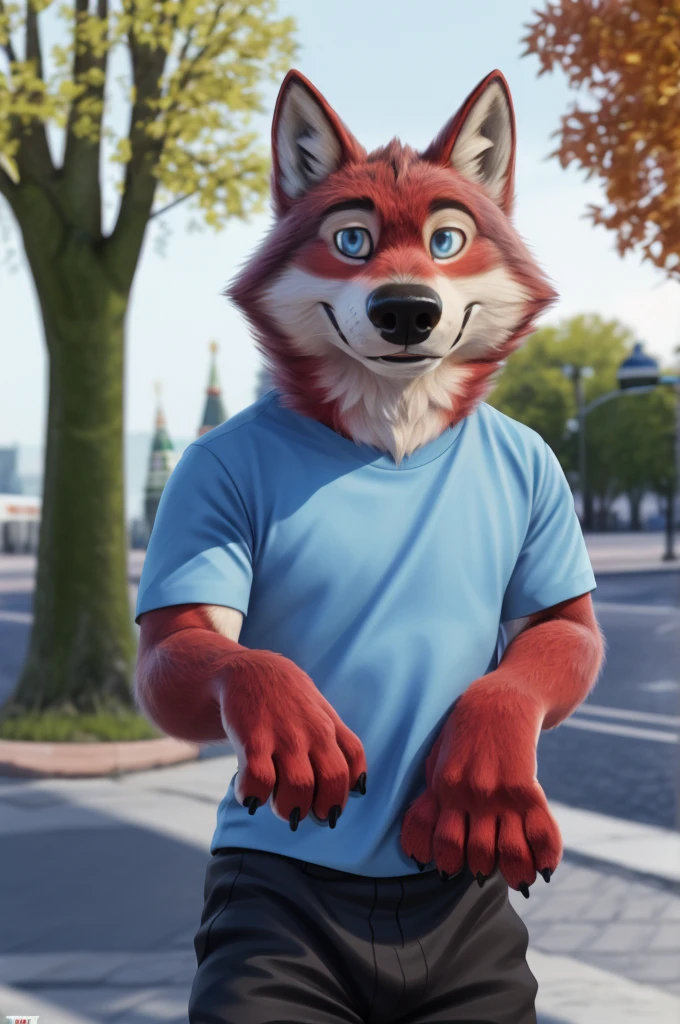 Ivan Wolfbach (Moscow),high,Beautiful,slim,24 years,wolf, red fur,high Beautiful wolf, 24 years,(red body:1.3),beautiful blue eyes,Moscow россия, t-shirt, trousers,sandals,canine, wolf, detailed fur, male, antro, paw pads, finger claws, at viewer, 5 fingers, paws, 5 fingers,day,digital photography, soft focus,good mood,photorealism, realistic, photorealistic,digital style,from close walks around the city, Very close to the camera, digital photography, smile positive, good,mood, tempts,close to the camera,
masterpiece, Best quality, ultra realistic, 8 k)