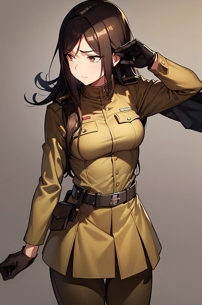 Content:
A black anime woman in a uniform inspired by German WW2 attire, standing in the desert. She has a mature face with long brown hair and brown eyes, exuding confidence and authority. She is depicted as a military general.
Medium:
Concept art, digital illustration.
Style:
Inspired by Yasutomo Oka, Pixiv, Shin Hanga, Fujita Goro, Range Murata, and Artgerm. Incorporating elements from dieselpunk aesthetics and detailed, fine art.
Lighting:
Dramatic, with strong contrasts to highlight her authoritative presence and the intricate details of her uniform. Subtle shadows add depth and realism.
Colours:
A palette dominated by military greens, browns, and desert hues, with subtle highlights to bring out the texture of the uniform and her features. The background features a desert landscape, emphasizing the military theme.
Composition:
A full-body shot, showcasing her mature and confident stance. She stands with a commanding presence, right hand saluting, and left hand behind her back. The desert environment enhances her military aura and the overall composition.