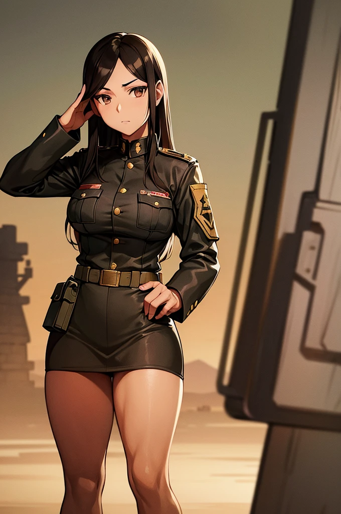 Content:
A black anime woman in a uniform inspired by German WW2 attire, standing in the desert. She has a mature face with long brown hair and brown eyes, exuding confidence and authority. She is depicted as a military general.
Medium:
Concept art, digital illustration.
Style:
Inspired by Yasutomo Oka, Pixiv, Shin Hanga, Fujita Goro, Range Murata, and Artgerm. Incorporating elements from dieselpunk aesthetics and detailed, fine art.
Lighting:
Dramatic, with strong contrasts to highlight her authoritative presence and the intricate details of her uniform. Subtle shadows add depth and realism.
Colours:
A palette dominated by military greens, browns, and desert hues, with subtle highlights to bring out the texture of the uniform and her features. The background features a desert landscape, emphasizing the military theme.
Composition:
A full-body shot, showcasing her mature and confident stance. She stands with a commanding presence, right hand saluting, and left hand behind her back. The desert environment enhances her military aura and the overall composition.