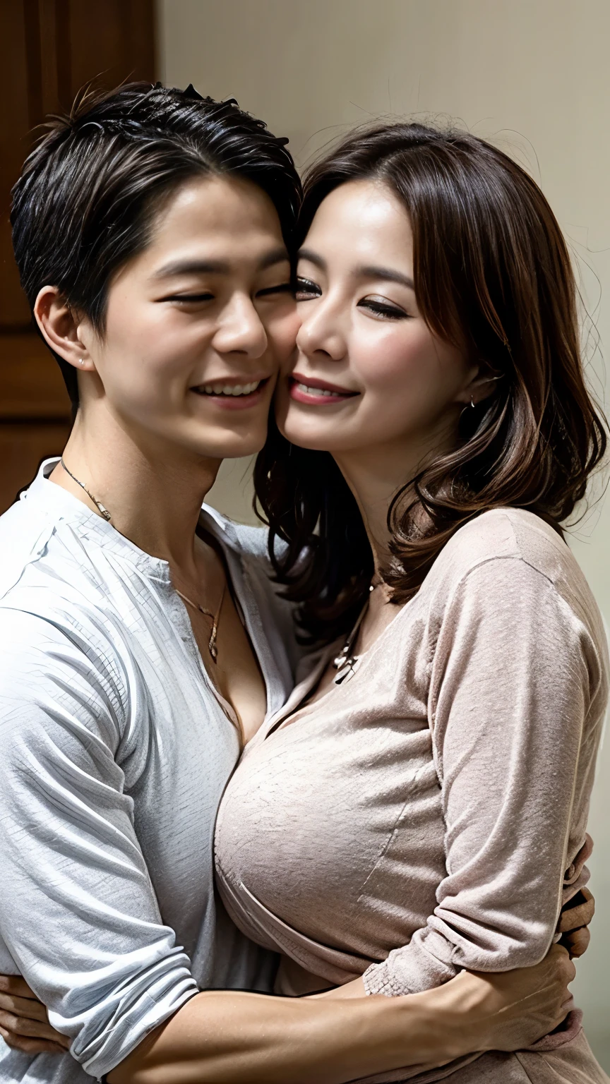 realistic, photo-realistic, masterpiece, best quality, RAW photo, high resolution, intricate details, portrait, upper body, looking at viewer, couple, (1boy,shota,son:1.5), (1mom, a 41 years old Japanese mature woman, wearing a sweater dress, fit and body), (mom and son hugging each other, son's face on mom's breasts:1.8), (seducing her son in a sexy atmosphere), (huge breasts, softly squashed breasts, squishy breasts), fine-textured skin,pale skin, shiny skin, sweaty, smile, photo background, indoors, home, children's room,