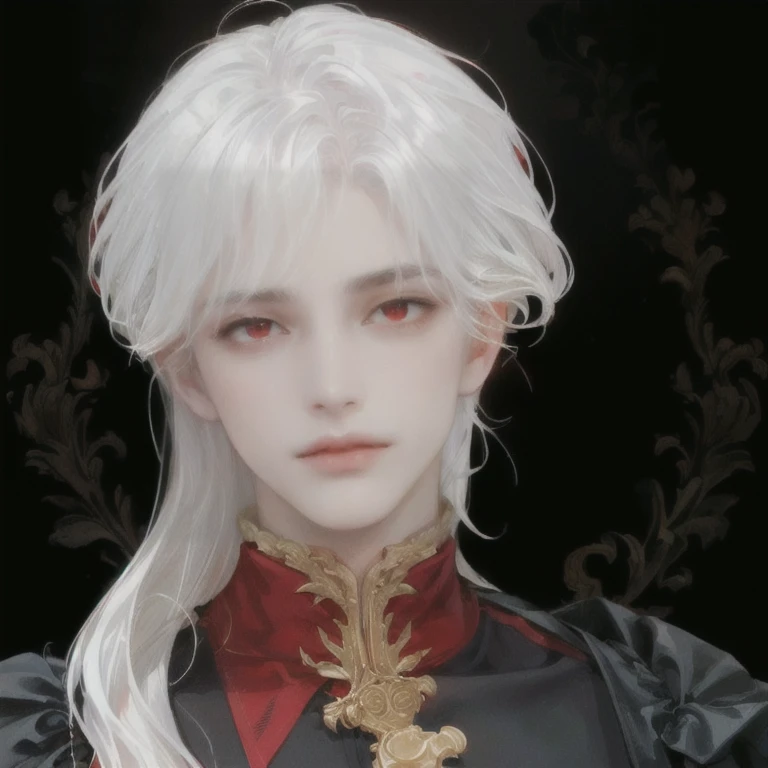 ((pale skin))(((male with sharp siren eyes)))((((very white white hair glowing))))(((blunt blunt bangs))) ((long very very wavy hair)) ((wide shoulders man))((very wavy hair))((office))((manly yet soft face))((handsome face))(((VERYred red eyes)))((rectangle face shape))((SHARP JAW LINE)) ((THIN EYEBROWS))((ROSES)) ((SOFT FEATURES WITH DEFINED SHARP JAWLINE))((GLOWING ETHEREAL)) ((RED RED detailed SIREN EYES MALE SEXY EYES)))((elegant))((soft look))((close up one male only))((wavy hair)) ((square face))((wide face))((blunt bangs))((french))(((blunt bangs)))((Elegant inside mansion gold red BACKGROUND))(((VERY VERY RED EYES MALE)))((SAME HAIR, SAME FACE, SAME EYES))((VERY VERY PALE SKIN))((GOTHIC ELEGANCCE))((RED, BLACK))((INTRICATE DETAILS))((MALE))((HANDSOME))