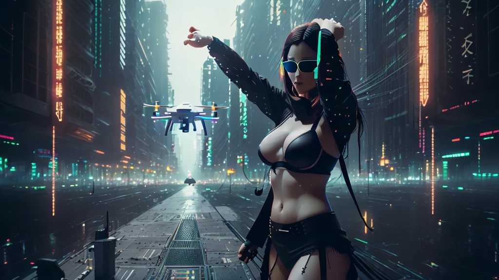 20-year old large-breast woman with cleavage:1.4, 1woman, solo, 3D neon art of a woman's body, (with low angle view), (((((matrix style black micro sunglasses, black bra and very short black miniskirt, white G-string panty))))), (((aiming with a short gun))), (looking at camera), aerial view of blade runner neon-noir city background, (((Matrix cascading code))), (((1drone alone above city))), perfect composition, beautiful detailed intricate insanely detailed octane render trending on artstation, 8K artistic photography, photorealistic concept art, soft natural volumetric cinematic perfect light, chiaroscuro, award-winning photograph, masterpiece, oil on canvas, Raphael, Caravaggio, Greg Rutkowski, Beeple, Beksinski, Giger