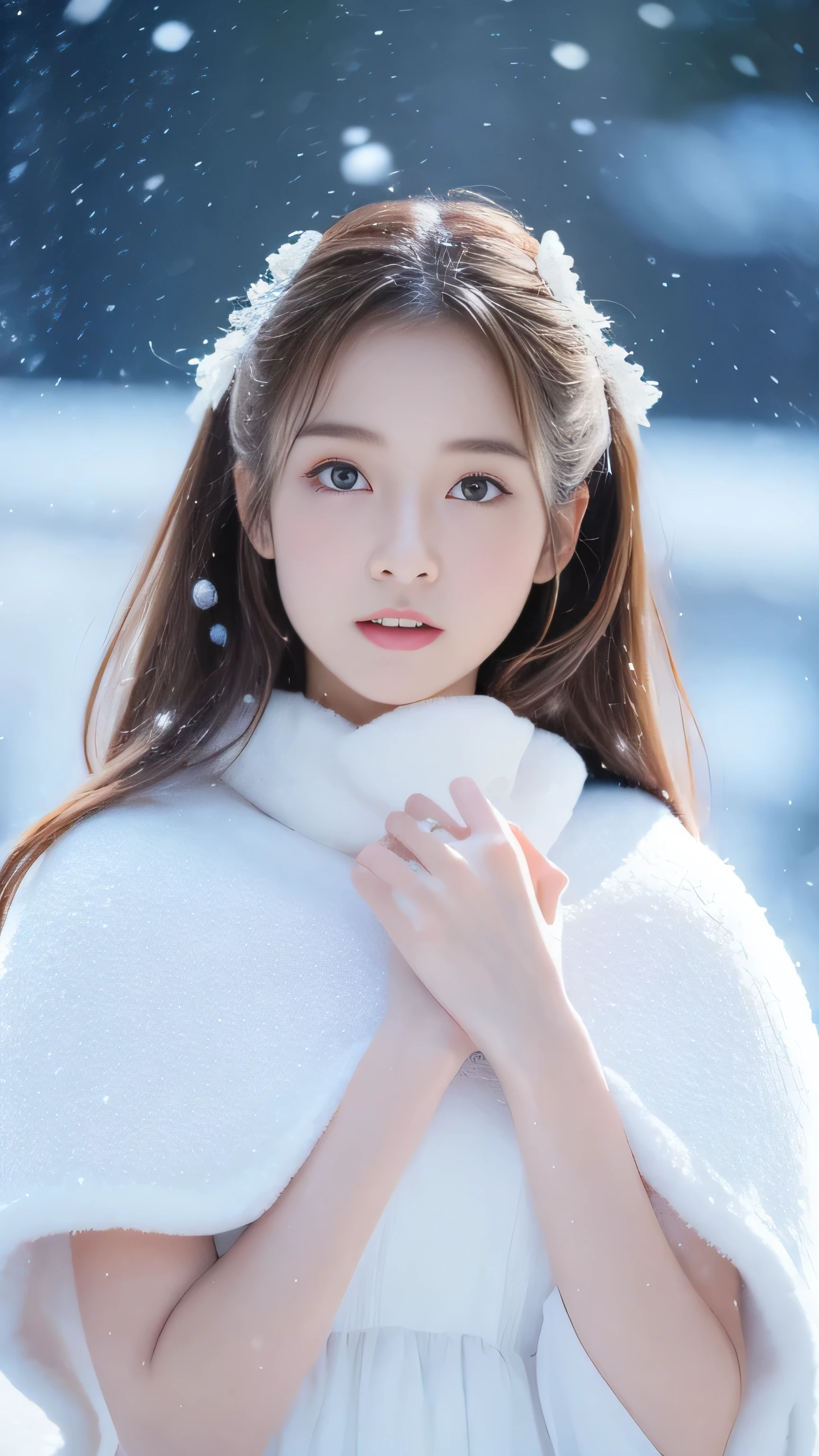 (highest quality, 8k, 32K,details are very clear),Realistic, High resolution, 1 Japanese Women, alone, (Lolita Costume),Gorgeous costumes,Facing the audience,(Upper Body,Upper limbs), Beautiful Eyes, brown hair, Ring-shaped eyes, (outside,Heavy snowfall,thick fur cape,Cover with snow),Snowfield,blue eyes,highest qualityのイラスト,Detailed facial features
