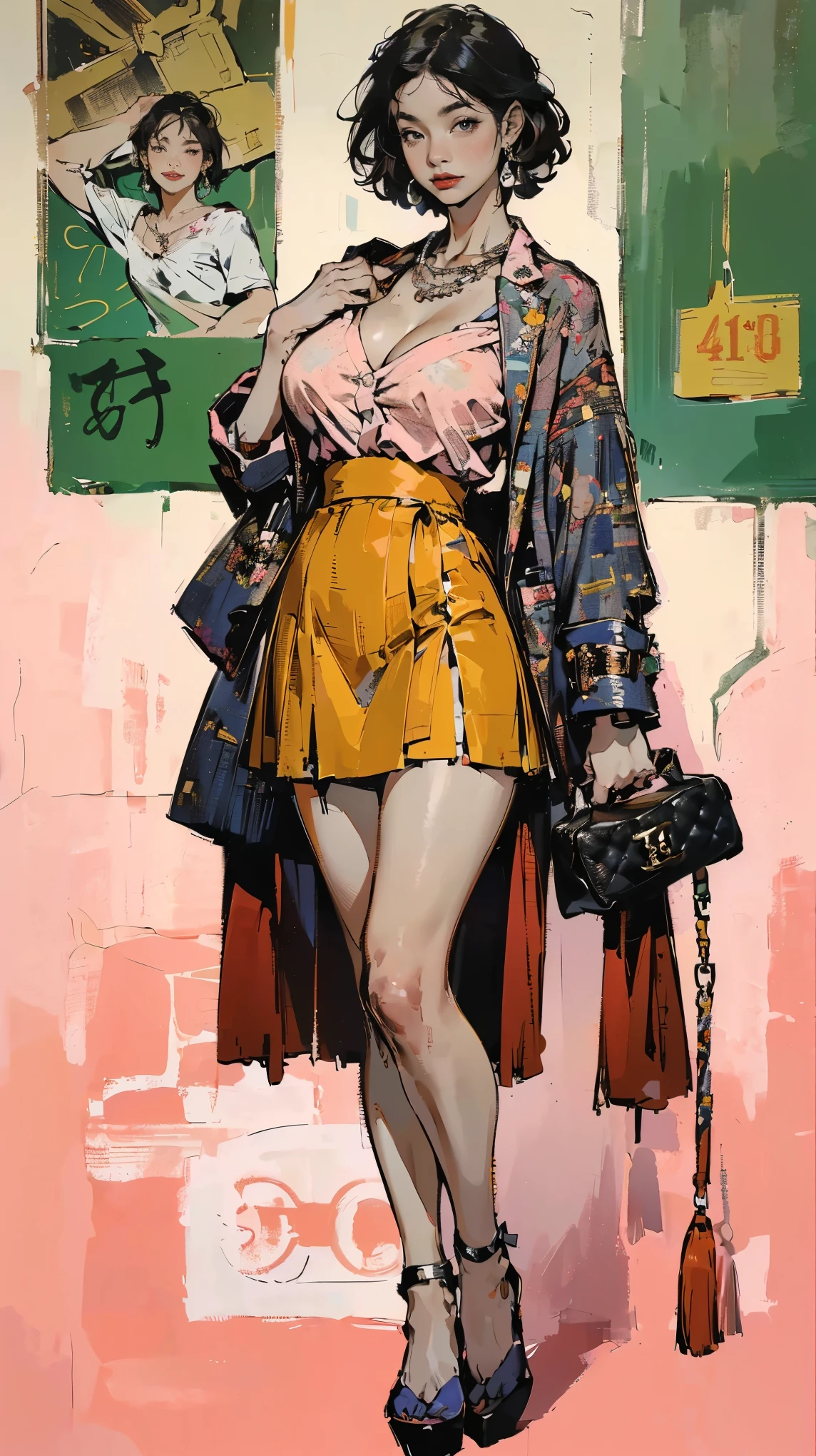 (Ultra-detailed, photorealistic, best quality, 4k,8k, highres, masterpiece:1.3), Featured is Sachi, a graceful figure from Tokyo, Japan, ((who embodies the essence of elegance and charm)), (((She boasts a stature, standing at 1.55 meters and weighing around 48 kilograms, epitomizing the blend of traditional Japanese beauty and modern allure))), (Her hair is always meticulously arranged), (Her eyes are gentle brown), ((and a physique with a flat abdomen, a peachy posterior, and perfectly round, perky F-cup breasts)), accentuated by her modest demeanor, (((She is wearing a pink tweed suit from Coco Chanel's collection, consisting of a fitted jacket and a matching skirt. Paired with a white blouse, this outfit subtly highlights her curves while maintaining a modest, dignified look))), She accessorizes with a Chanel pearl necklace, and carries a classic quilted leather handbag from Chanel, (exceptionally detailed:1.3),, super finely detailed hands, ultra finely detailed fingers(((ten fingers))), (posing elegantly), (full body showcase), (show full body), (no logos in the background), (no logo), ((**traditional Japanese architecture home background)).