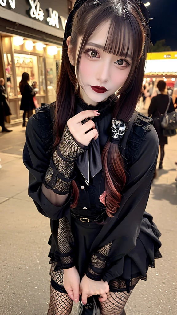 score_9, score_8_upper, score_7_upper, highest quality, Realistic, masterpiece, Beautiful details, hyperRealistic, woman,14, 13yo, 12 years old, Round and small face, Baby Face、masterpiece, Absurd,Award-winning photo, Very detailed, wonderful, The finer details, Very detailed eyes and face, By Lee Jeffries Nikon d850 film stock photos 4 Kodak portra 400 camera f1.6 Lenses、Rich colors、Ultra-realistic、Realistic texture、Dramatic lighting、Unreal Engine、Trending on artstation、Cinestill 800 Tungsten,Goth Woman, Pit Bimbo, Shiny, (Extreme close up shot of face:1.325)

 Gosgarh, (Super short skirt, Fishnet tights, Gothic print, Engraved skull:1.25), a woman in a black and white outfit is standing on the street,woman wearing a Gosgarh outfit, Big Boots, Twin tails, Ruffled Dress, race, ribbon, lipstick, Pale skin、((Big eyes that shine like jewels))、Glossy glossy skin