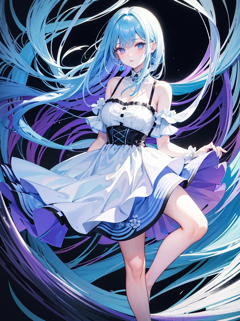 1 girl, full body, short blue hair on sides and long blue hair at the back, purple eyes, wearing a dress with color combination of blue, black and white, green forest, absurdness, high res, ultrasharp, 8k, masterpiece, looking at viewer
