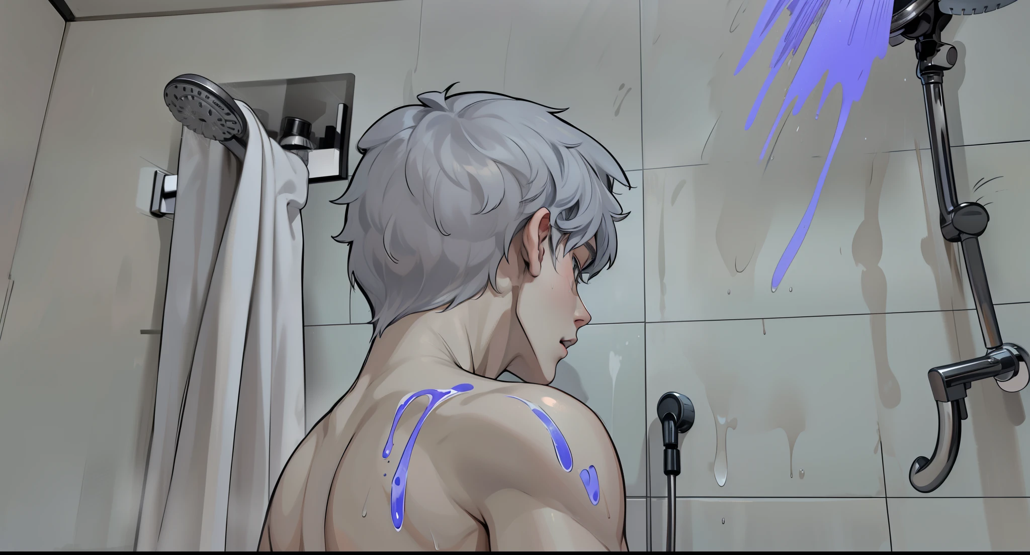 There is a cute young -yeld mawith gray hair in the shower. The water falls from the shower onto his face and body.