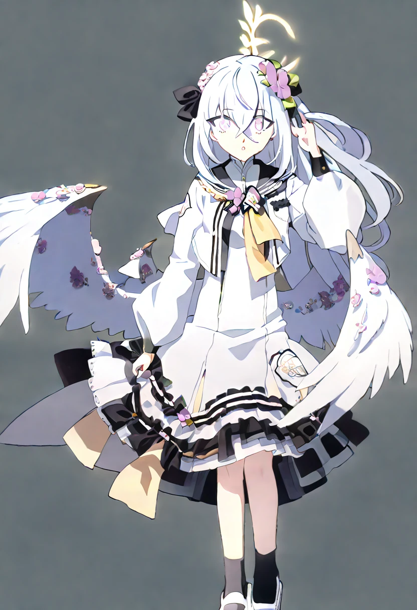 azusa \(blue archive\),1girl :o black_dress black_socks chestnut_mouth crossed_bangs dress feathered_wings flower full_body grey_hair hair_between_eyes hair_flower hair_ornament halo long_hair long_sleeves looking_at_viewer multicolored_eyes no_shoes parted_lips simple_background socks solo standing white_background white_wings wing_ornament wings