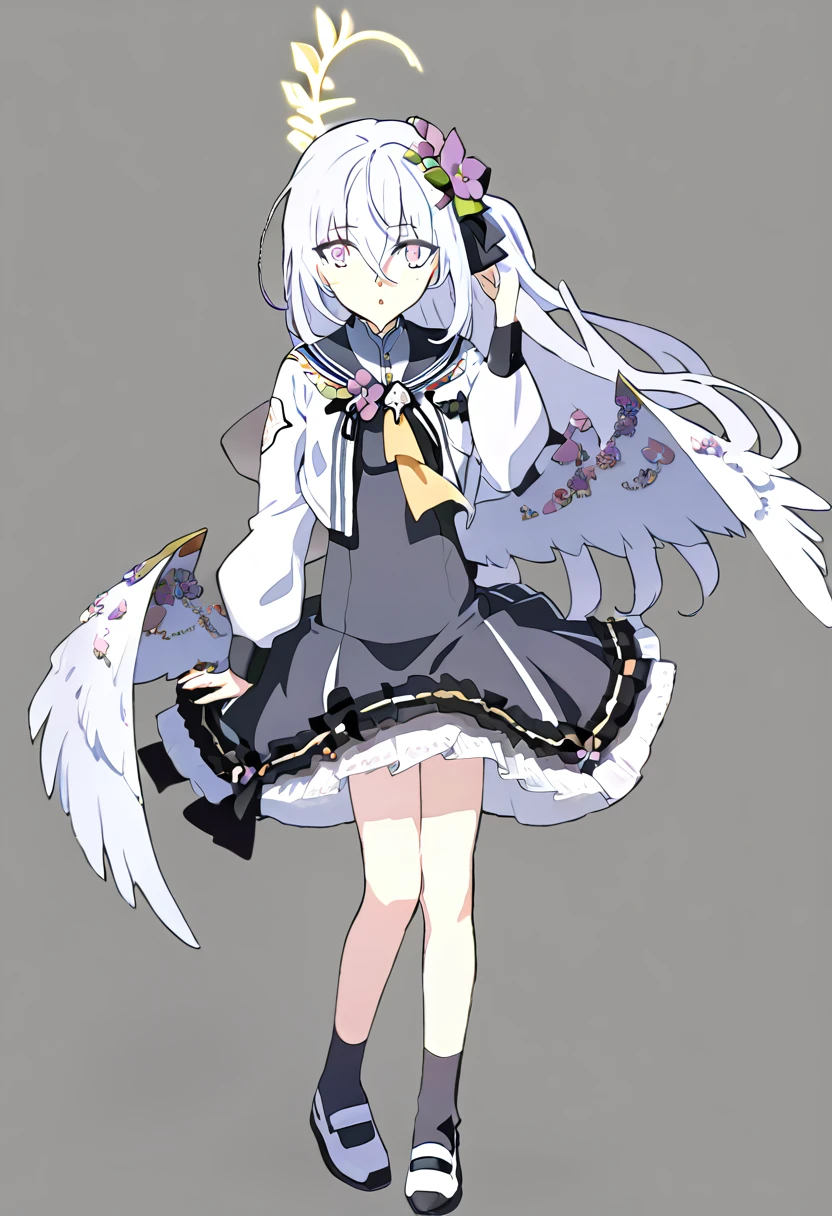 azusa \(blue archive\),1girl :o black_dress black_socks chestnut_mouth crossed_bangs dress feathered_wings flower full_body grey_hair hair_between_eyes hair_flower hair_ornament halo long_hair long_sleeves looking_at_viewer multicolored_eyes no_shoes parted_lips simple_background socks solo standing white_background white_wings wing_ornament wings