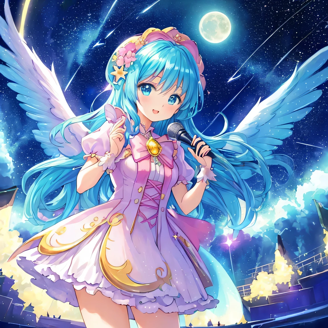 ((masterpiece)), ((best quality)), (ultra-detailed), ((kawaii)), cute, (lovely), illustration, anime style, galaxy, stars, stage, concert, night sky, ethereal, magical, celestial, twinkling lights, sparkling, music notes, beautiful girl, idol, microphone, futuristic, long flowing hair, vibrant colors, dazzling, fantasy, dreamlike, starry background, performing, energy, enchanting, moon, shooting stars, glowing, wings, neon lights, anime, surreal, whimsical, stardust, ethereal atmosphere, elegant dress, luminescent, floating, heavenly, otherworldly, soft glow, enchanting scene.